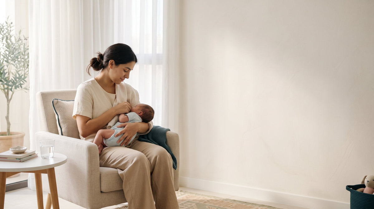 Mother breastfeeding her newborn in a light armchair by a sunlit window
