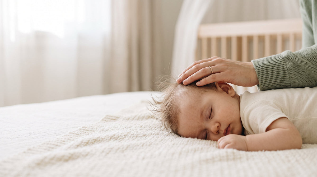 Mother gently stroking the hair of her sleeping baby on a cream blanket