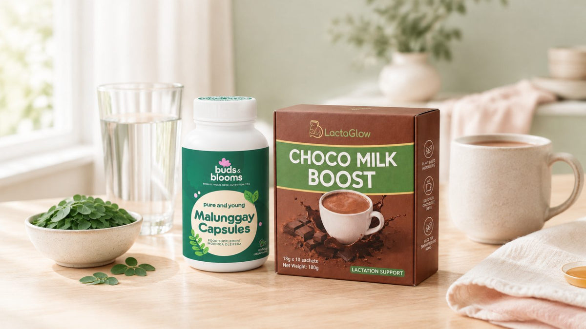 Buds & Blooms Malunggay capsules and LactaGlow Choco Milk Boost on a morning kitchen table