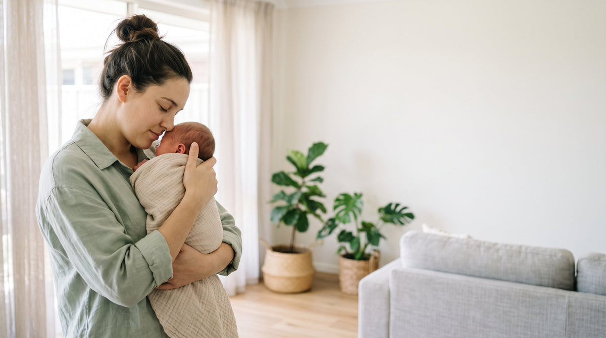 Mother holding her newborn wrapped in an organic muslin blanket