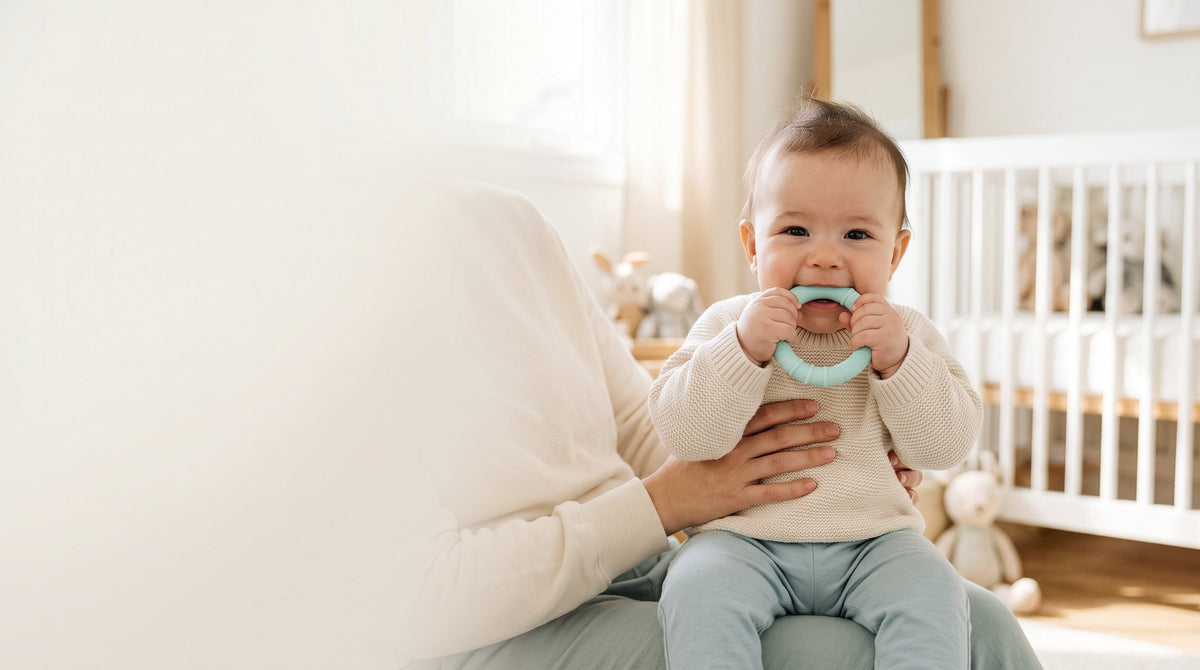 Smiling baby chewing a silicone teething ring on a parent's lap