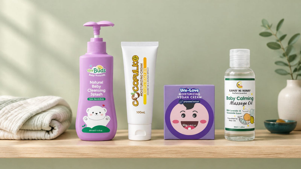 Top natural baby skincare picks lined up on an oak shelf
