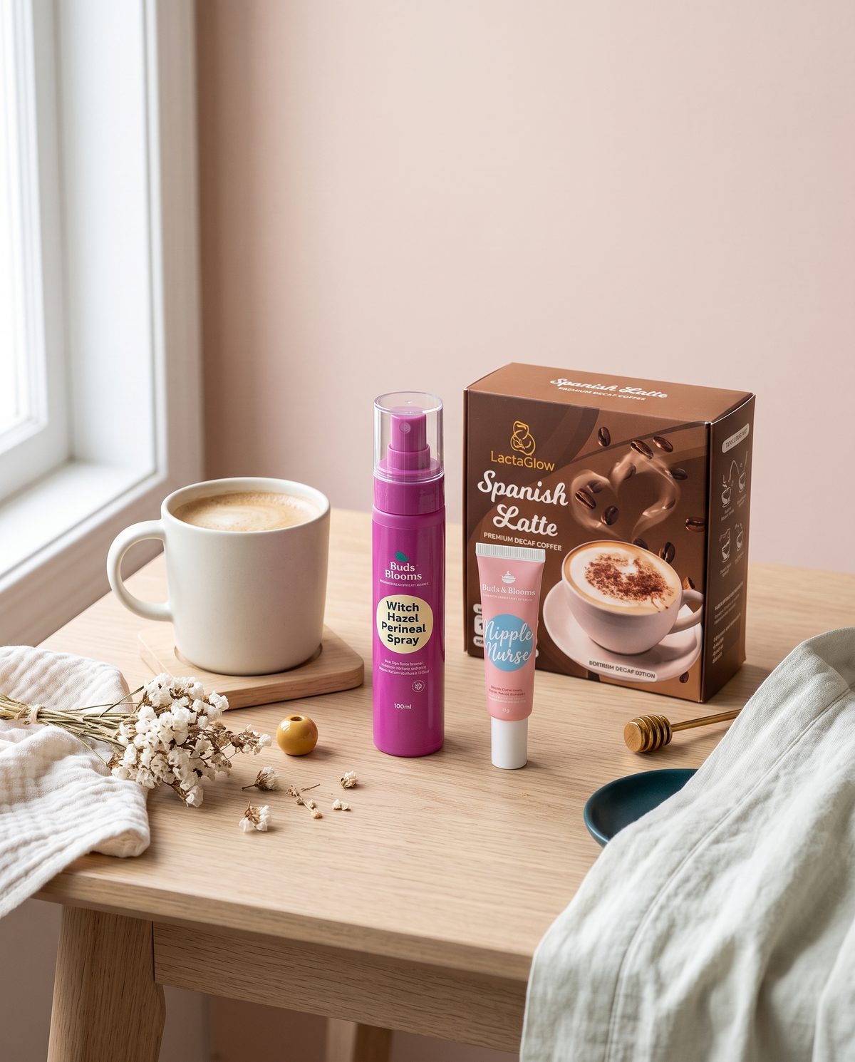 Mom care products beside a latte on a side table