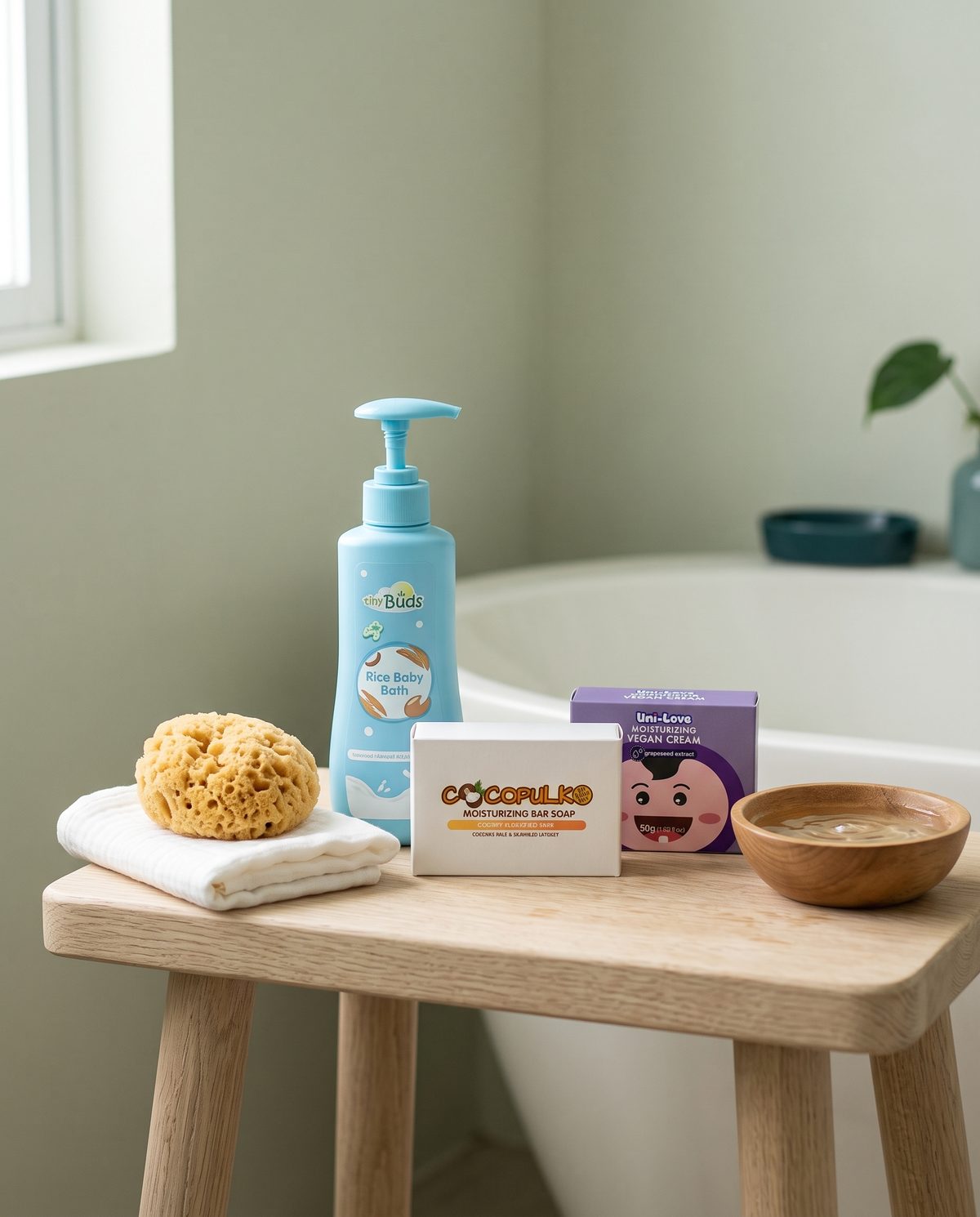 Baby bath and skincare products on a wooden bath stool