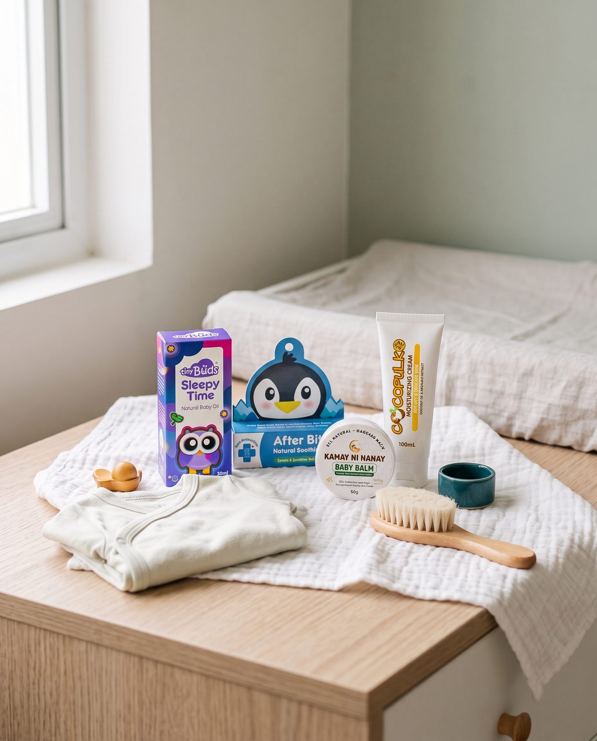 Everyday baby care products on a changing table