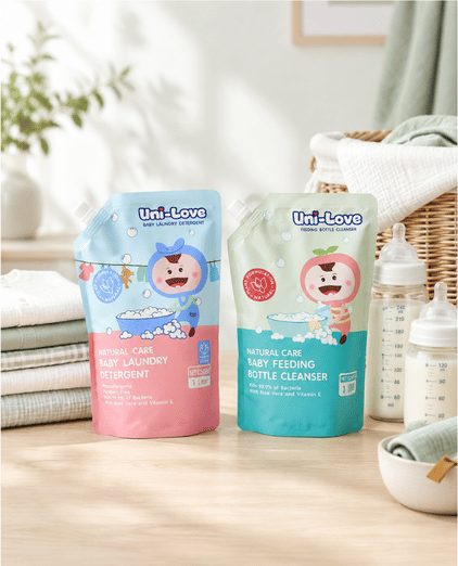 Uni-Love baby laundry detergent and bottle cleanser beside folded baby clothes