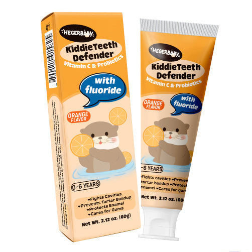 Hegerbaby KiddieTeeth Defender fluoride toothpaste 60g orange flavour tube and box