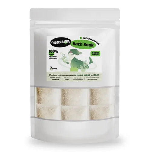 A package of Hegerbáby 100% Natural Soap Bath Soaks in a clear resealable stand-up pouch with a white label and green accents, topped with a green oval badge reading '1 PACK' on a white background.