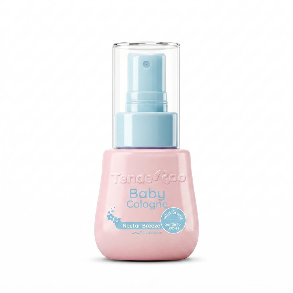 Pink baby cologne bottle with blue spray nozzle on a white background