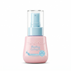 Pink baby cologne bottle with blue spray nozzle on a white background