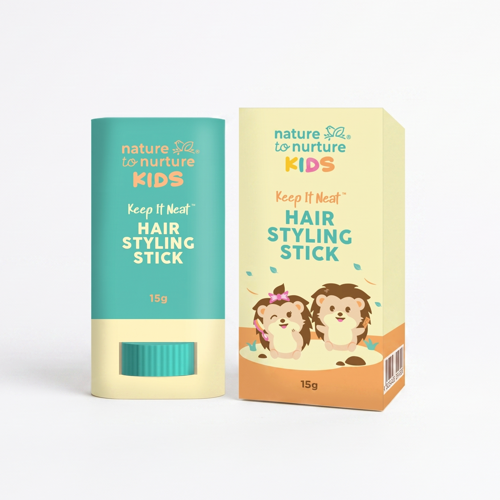 Nature to nurture Kids Hair Styling Stick shown in its teal and cream tube next to its matching yellow and orange packaging box, featuring cartoon hedgehog illustrations.