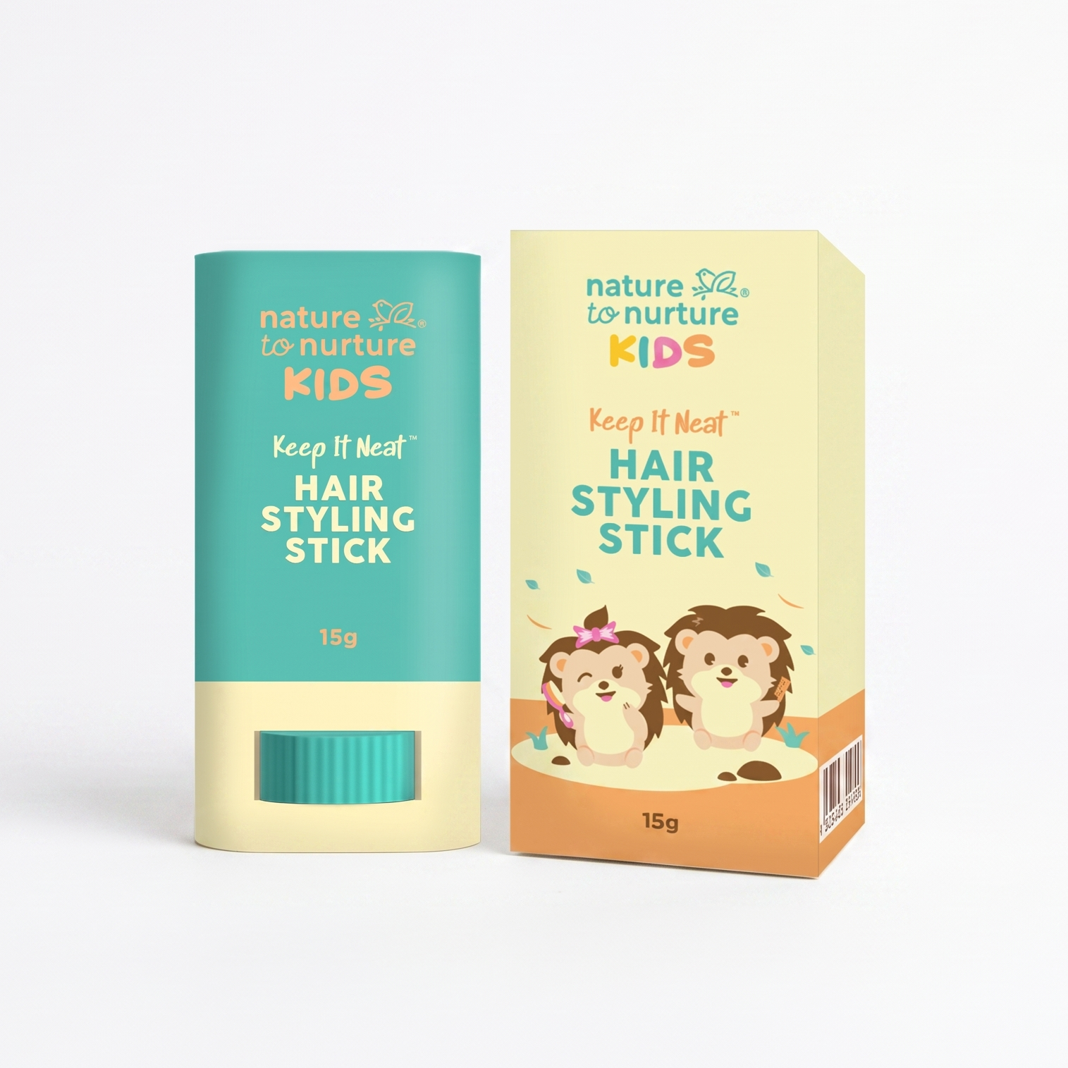 Nature to nurture Kids Hair Styling Stick shown in its teal and cream tube next to its matching yellow and orange packaging box, featuring cartoon hedgehog illustrations.