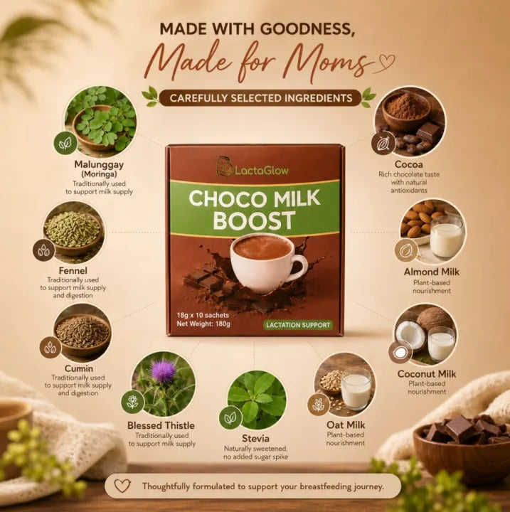 LactaGlow Choco Milk Boost – Herbal Chocolate Lactation Drink (10 Sachets)