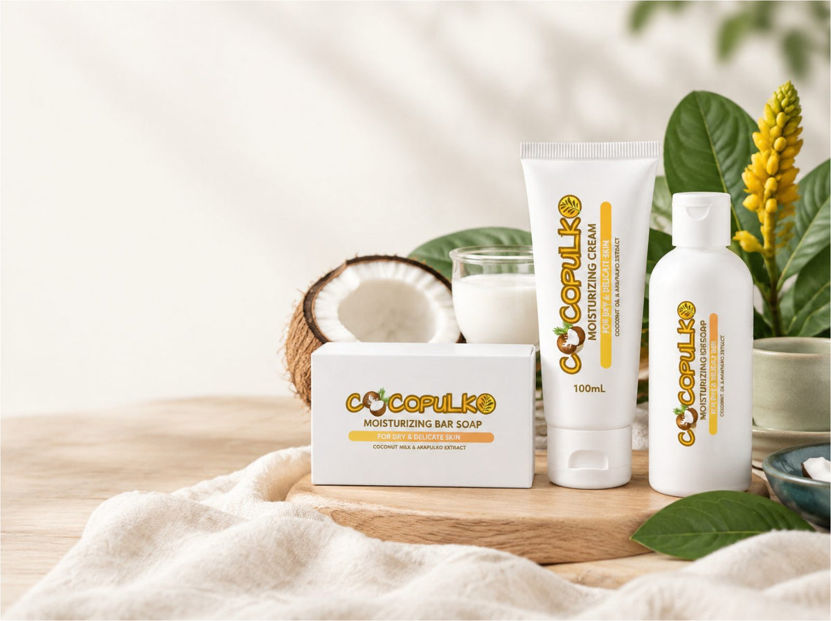Cocopulko moisturizing cream, liquid soap and bar soap with fresh coconut and akapulko leaves
